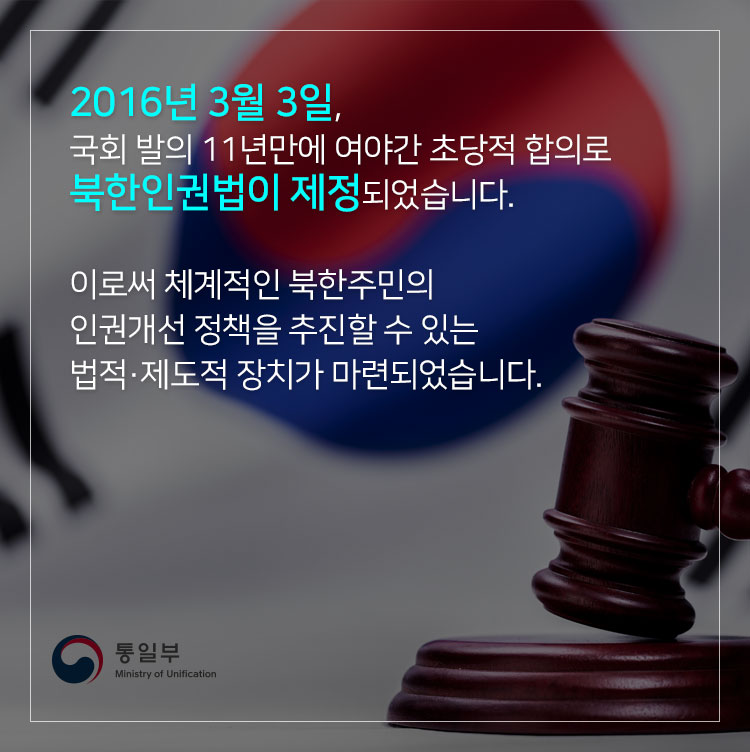 2016년 3월 3일, 국회발의 11년만에 여야간 초당적 합희로 북한인권법이 제정 되었습니다.
이로써 체계적인 북한주민의 인권 개선 정책을 추진할 수 있는 법적 제도적 장치가 마련되었습니다.