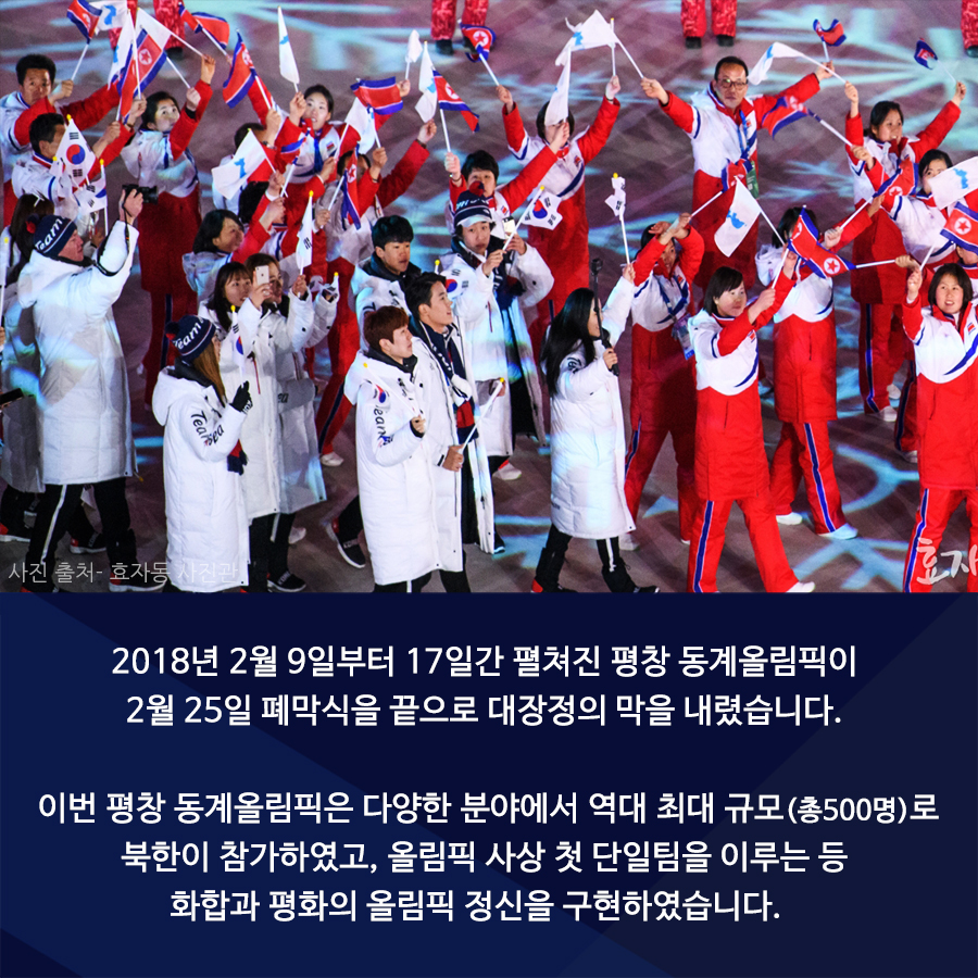 2018년 2월 9일부터 17일간 펼처진 평창 동계올림픽이 2월 25일 폐막식을 끝으로 대장정의 막을 내렸습니다.
이번 평창 동계올림픽은 당야한 분야에서 역대 최대 규모 (총500명)로 북한이 참가하였고, 올림픽 사상 첫 단일팀을 이루는 등
화합과 평화의 올림픽 정신을 구현하였습니다.