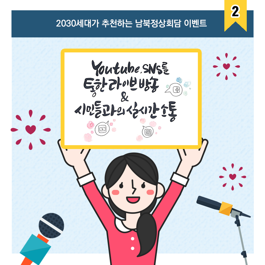 2030세대가 추천하는 남북정상회담 이벤트 2
Youtube, SNS를 통한 라이브방송 & 시민들과의 실시간 소통