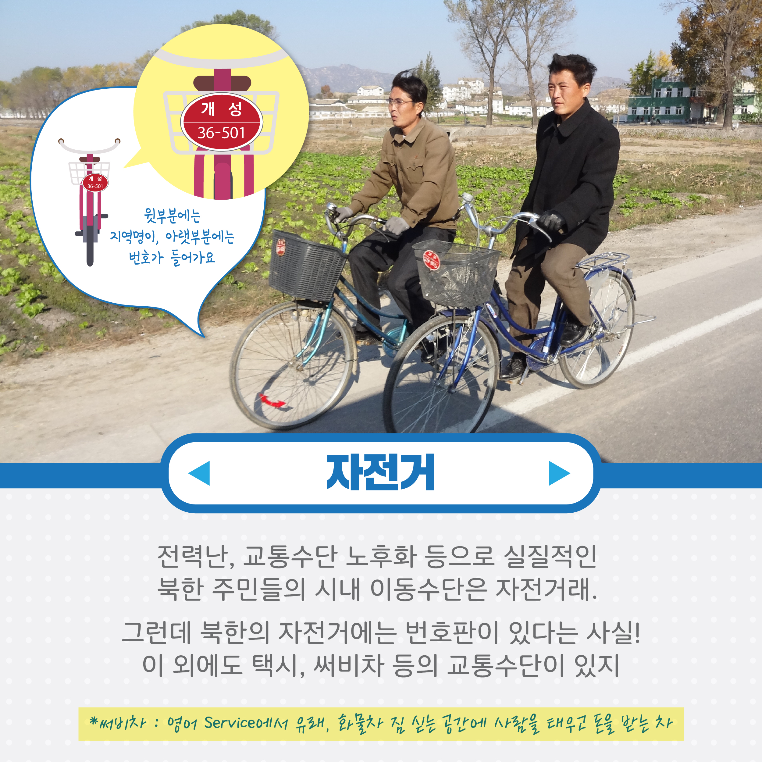 자전거  전력란, 교통수단 노후화 등으로 실질적인 북한 주민들이 시내 이동수단은 자전거래, 그런데 북한의 자전거에도 번호판이 있단느 사실 이외에도 택시, 써비차 등의 교통수단이 있지