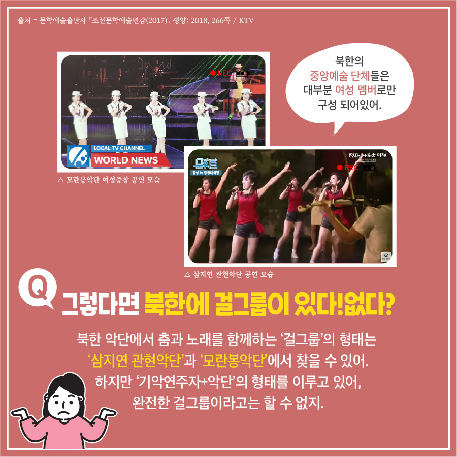 북한의 중앙예술 단체들은 대부분 여성 멤버로만 구성 되어있어 그렇다면 북한에 걸그룹이 있다!없다?
북한 악단에서 춤과 노래를 함께하는 걸그룹의 형태는 삼지연 관현악단과 모란봉악단에서 찾을 수 있어.
하지만 기악연주자+악단의 형태를 이루고 있어, 완전한 걸그룹이라고는 할 수 없지.