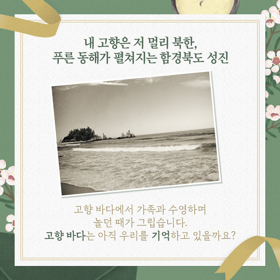 내 고향은 저 멀리 북한, 푸른 동해가 펼쳐지는 함경북도 성진 고향 바다에서 가족과 수영하며 놀던 때가 그립습니다.
고향 바다는 아직 우리를 기억하고 있을까요?